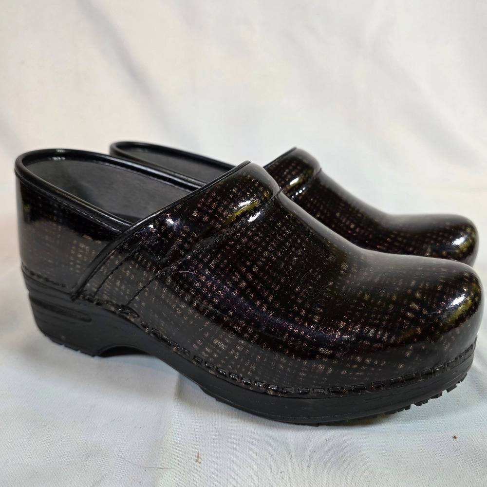 Dansko Professional Clogs Women 38 Black Bronze Criss-Cross Patent Leather Shoes